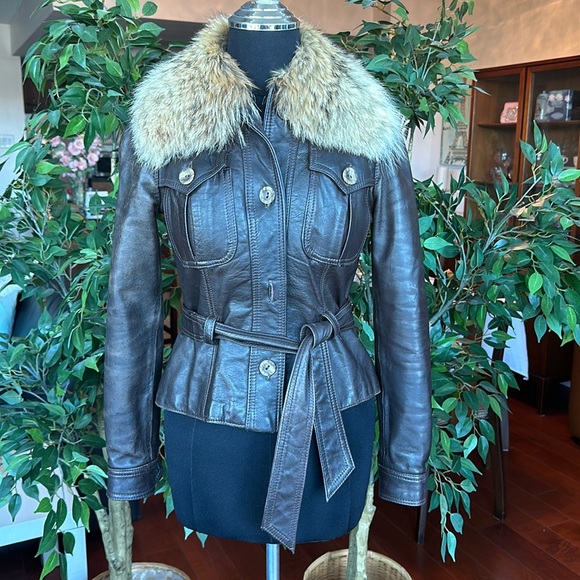 Gorgeous Vintage Size XS Brown Leather Bomber Jacket with Fox Fur Collar & Belt - Picture 15 of 15